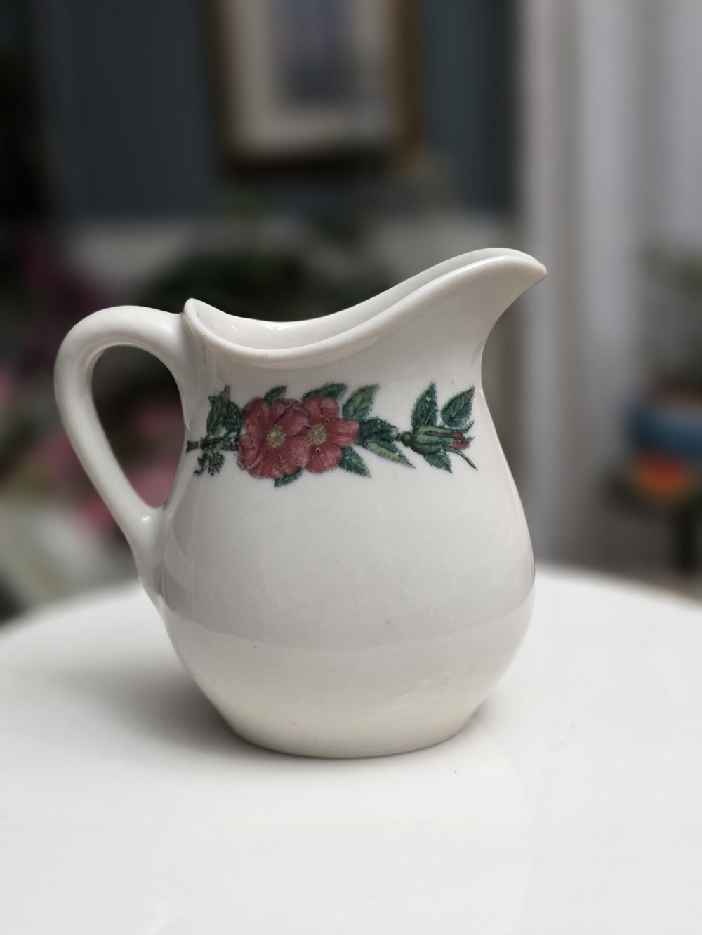 White Ceramic Floral Pitcher with Pink Flower Accent